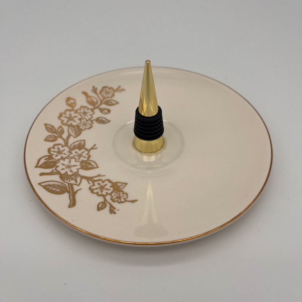 Knowles China Golden Floral Ring Holder Handmade Dresser Tray Gold Cream Vintage